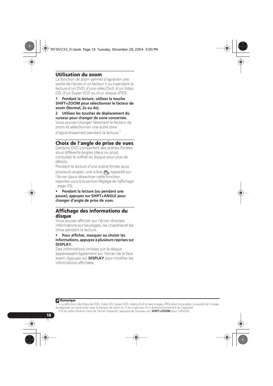 Utilisation du zoom, Choix de l’angle de prise de vues, Affichage des informations du disque | Pioneer DCS-240 User Manual | Page 56 / 120