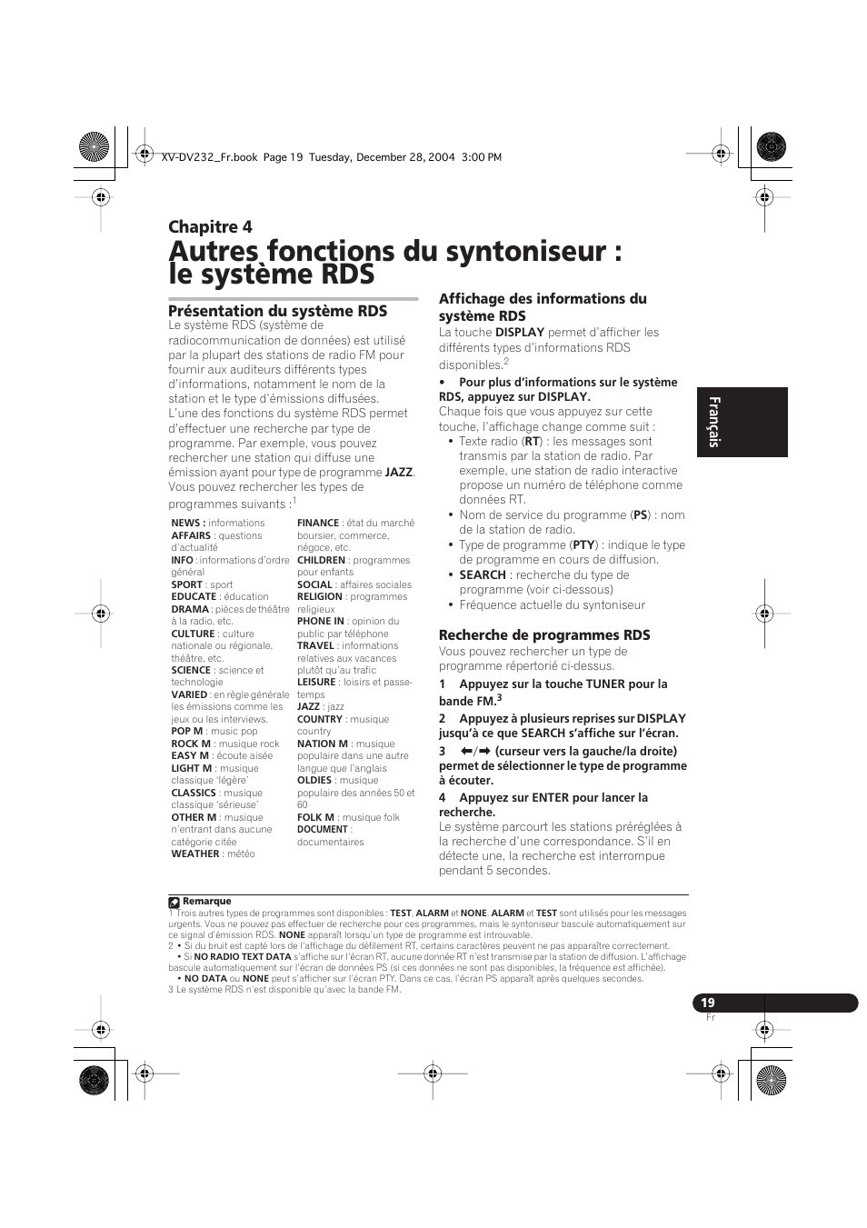 Présentation du système rds, Affichage des informations du système rds, Recherche de programmes rds | Autres fonctions du syntoniseur : le système rds, Chapitre 4, English français deutsch | Pioneer DCS-240 User Manual | Page 57 / 120