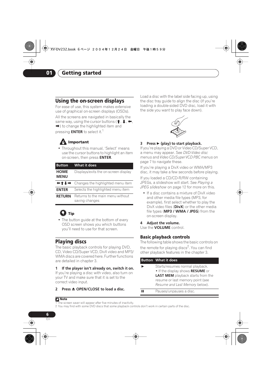 Using the on-screen displays, Playing discs, Basic playback controls | Getting started 01 | Pioneer DCS-240 User Manual | Page 6 / 120