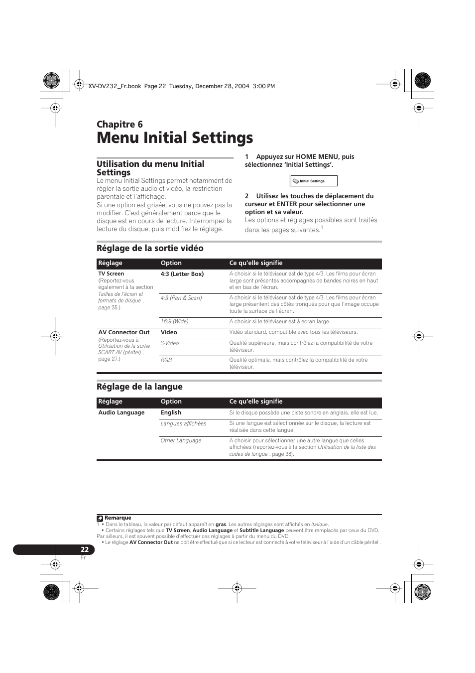 06 menu initial settings, Utilisation du menu initial settings, Réglage de la sortie vidéo | Réglage de la langue, Menu initial settings, Chapitre 6 | Pioneer DCS-240 User Manual | Page 60 / 120