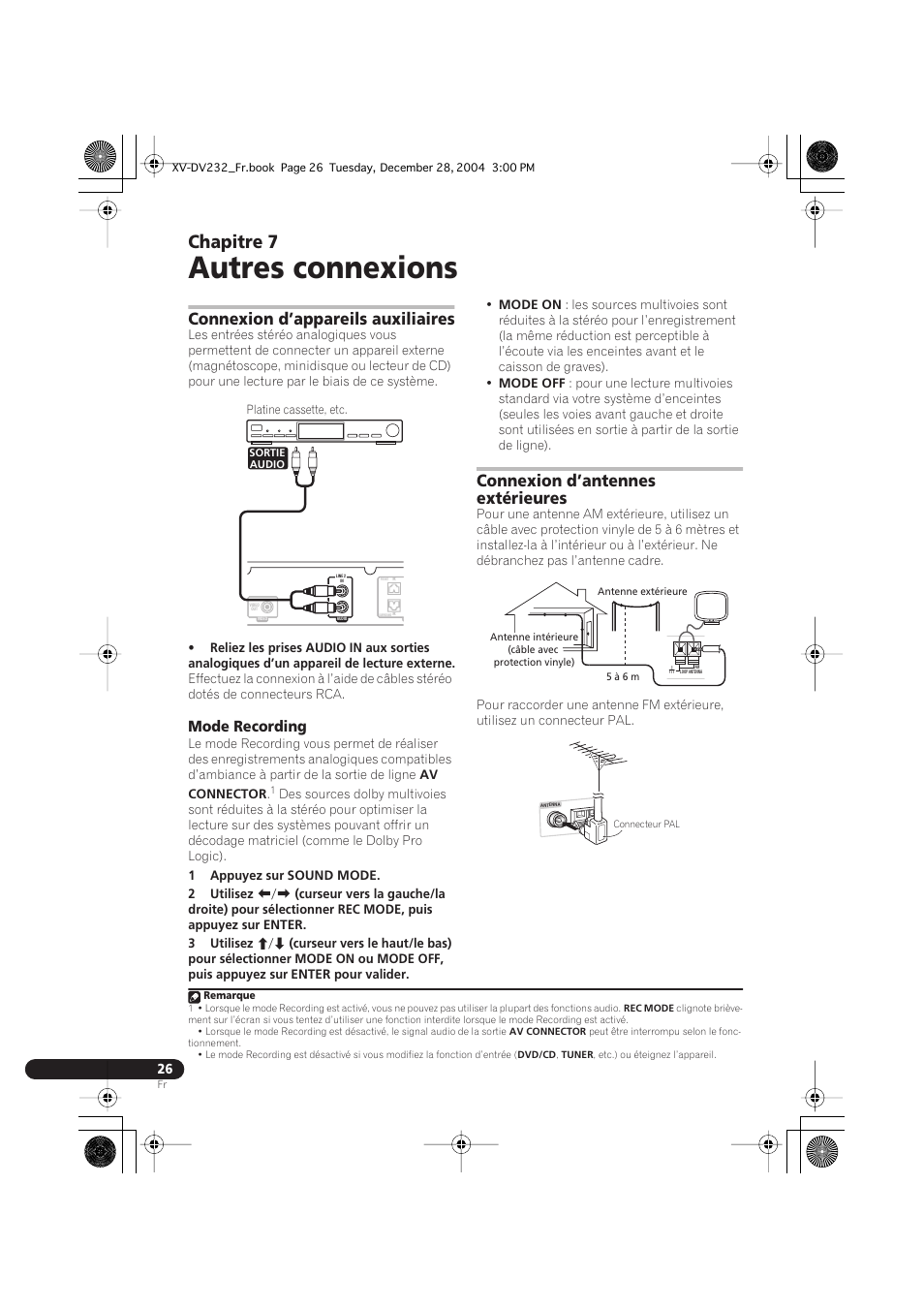 07 autres connexions, Connexion d’appareils auxiliaires, Mode recording | Connexion d’antennes extérieures, Autres connexions, Chapitre 7 | Pioneer DCS-240 User Manual | Page 64 / 120