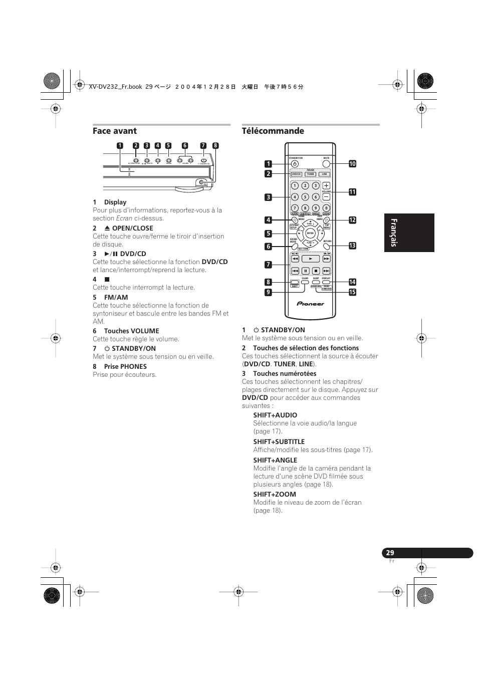 Face avant, Télécommande, English français deutsch | Pioneer DCS-240 User Manual | Page 67 / 120