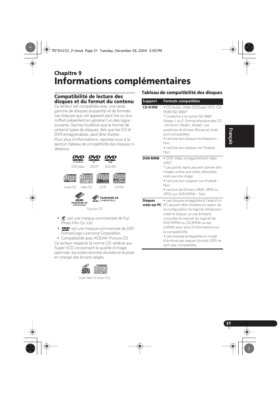 09 informations complémentaires, Tableau de compatibilité des disques, Informations complémentaires | Chapitre 9 | Pioneer DCS-240 User Manual | Page 69 / 120
