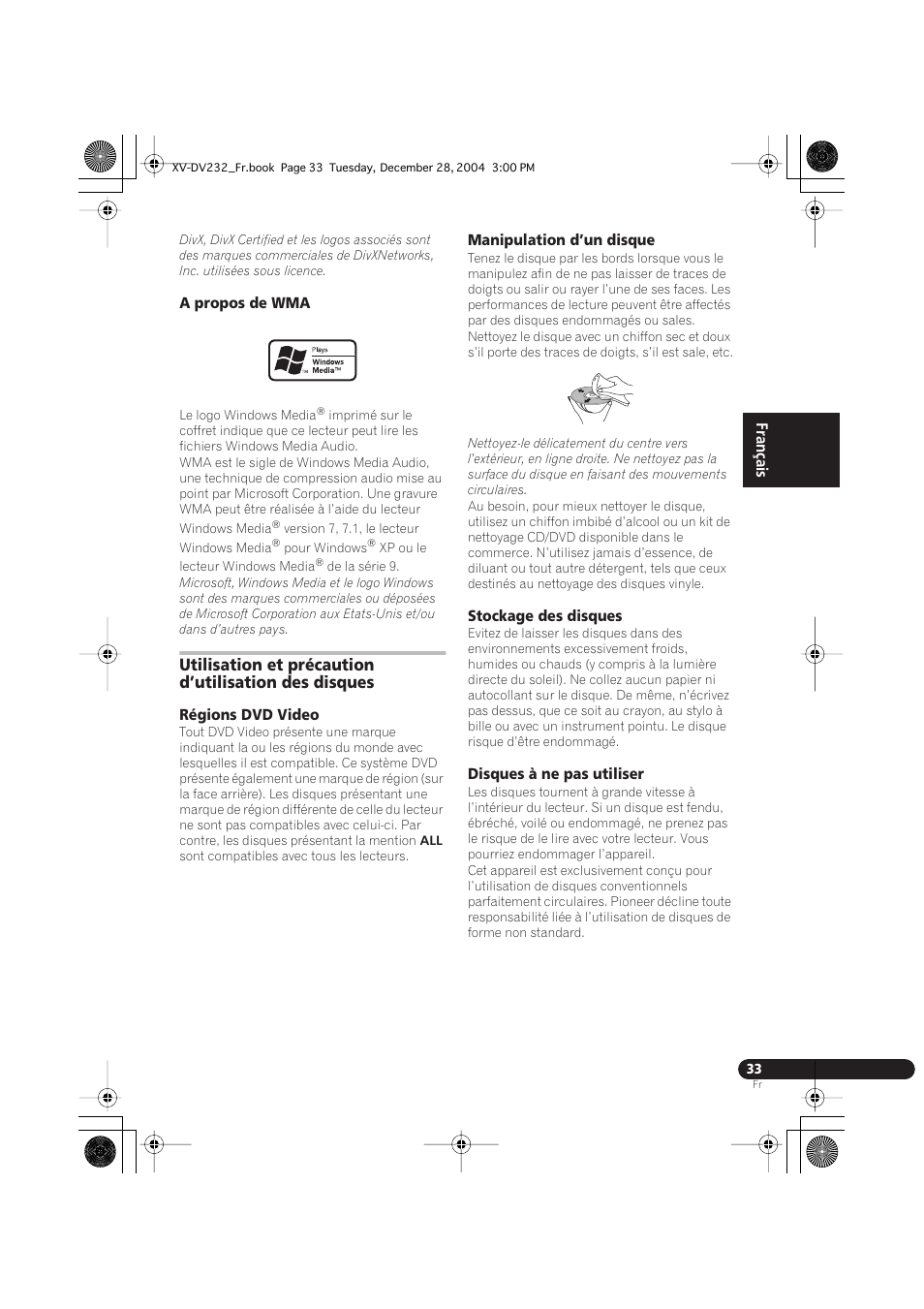 A propos de wma, Régions dvd video, Manipulation d’un disque | Stockage des disques, Disques à ne pas utiliser | Pioneer DCS-240 User Manual | Page 71 / 120
