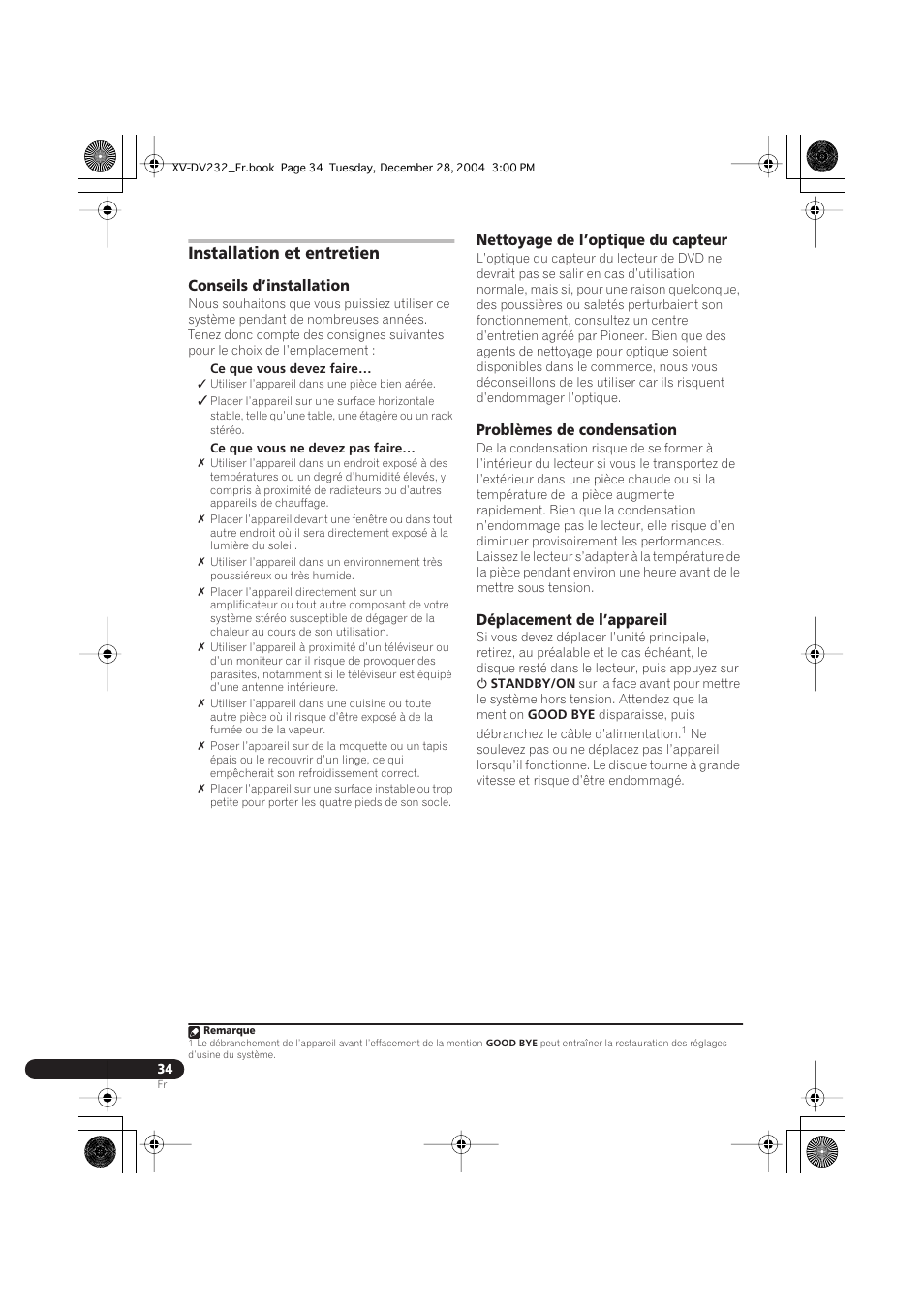 Installation et entretien, Conseils d’installation, Nettoyage de l’optique du capteur | Problèmes de condensation, Déplacement de l’appareil | Pioneer DCS-240 User Manual | Page 72 / 120