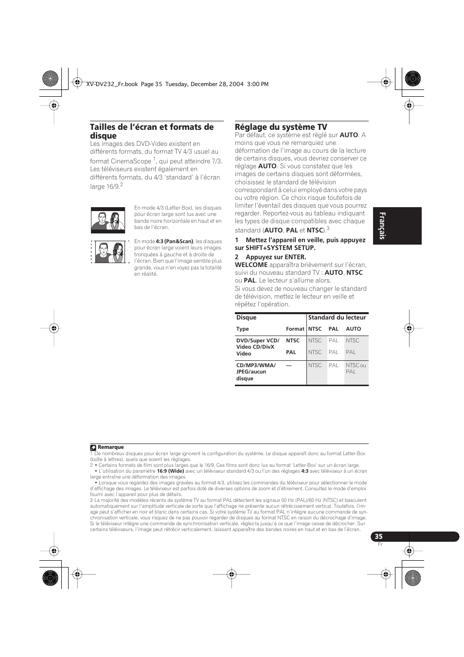 Tailles de l’écran et formats de disque, Réglage du système tv, English français deutsch | Pioneer DCS-240 User Manual | Page 73 / 120