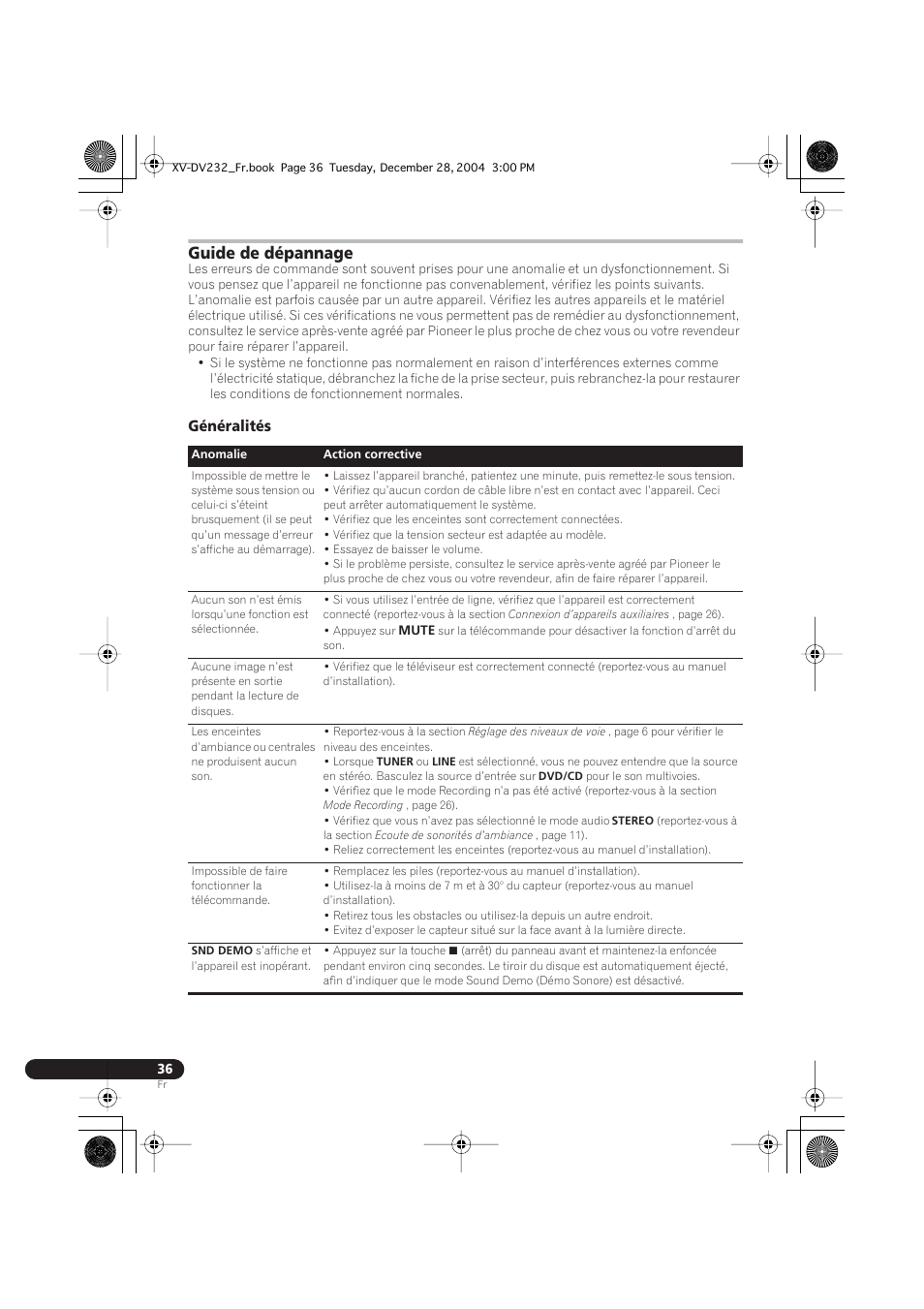 Guide de dépannage, Généralités | Pioneer DCS-240 User Manual | Page 74 / 120