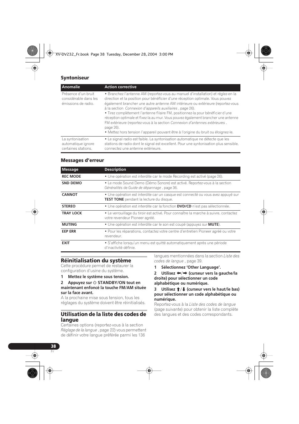 Syntoniseur, Messages d’erreur, Réinitialisation du système | Utilisation de la liste des codes de langue | Pioneer DCS-240 User Manual | Page 76 / 120