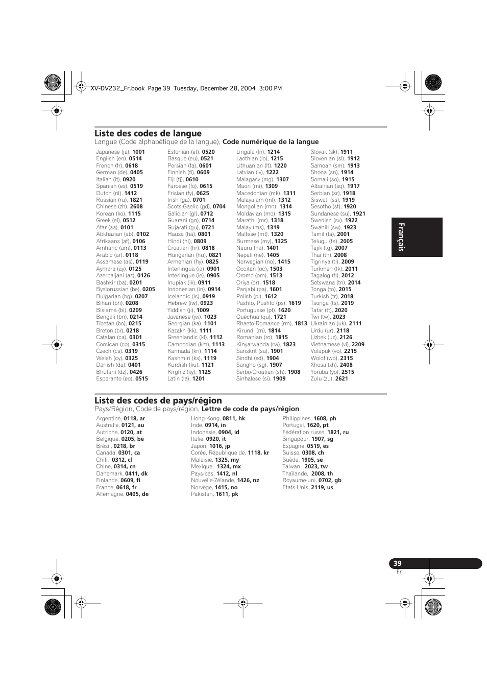 Liste des codes de langue, Liste des codes de pays/région, English français deutsch | Pioneer DCS-240 User Manual | Page 77 / 120