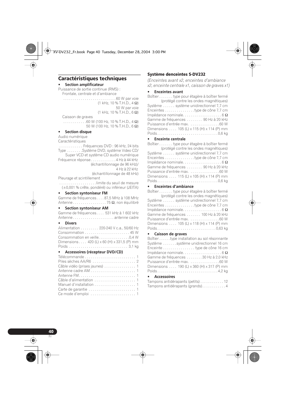 Caractéristiques techniques | Pioneer DCS-240 User Manual | Page 78 / 120