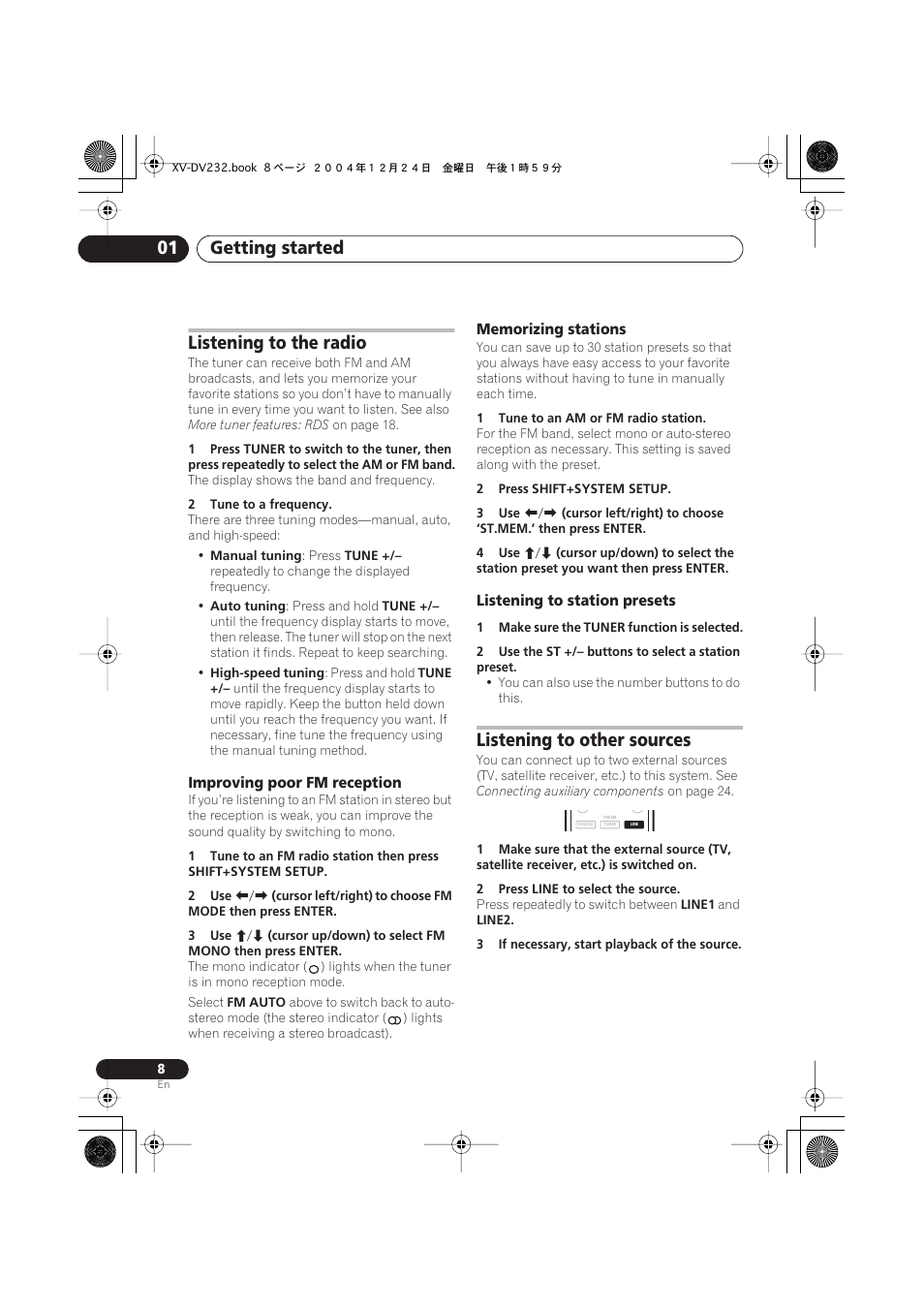 Listening to the radio, Improving poor fm reception, Memorizing stations | Listening to station presets, Listening to other sources, Getting started 01 | Pioneer DCS-240 User Manual | Page 8 / 120