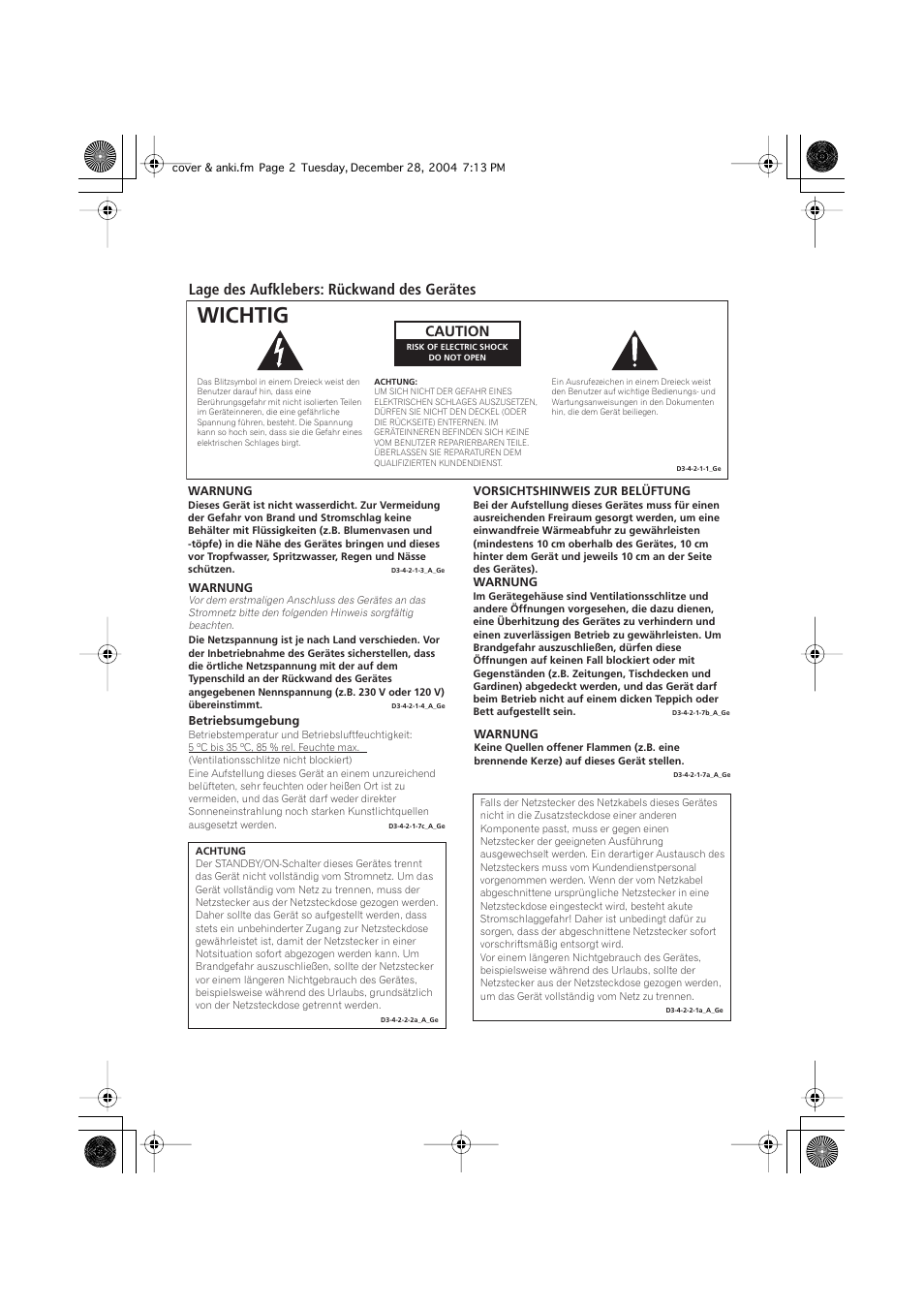 Wichtig, Lage des aufklebers: rückwand des gerätes, Caution | Pioneer DCS-240 User Manual | Page 80 / 120