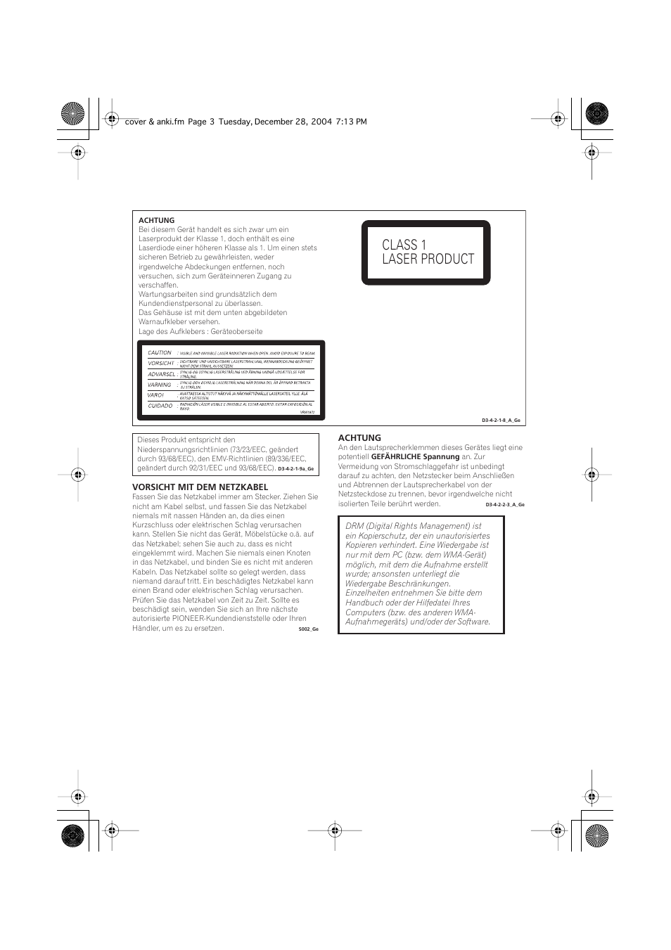 Class 1 laser product | Pioneer DCS-240 User Manual | Page 81 / 120