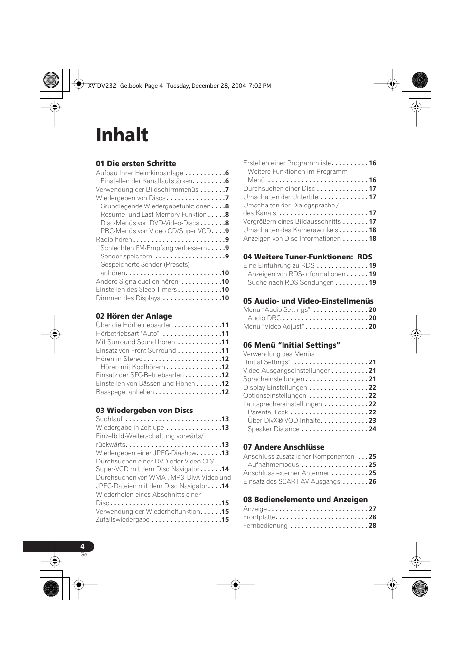Bedienungsanleitung, Inhalt | Pioneer DCS-240 User Manual | Page 82 / 120