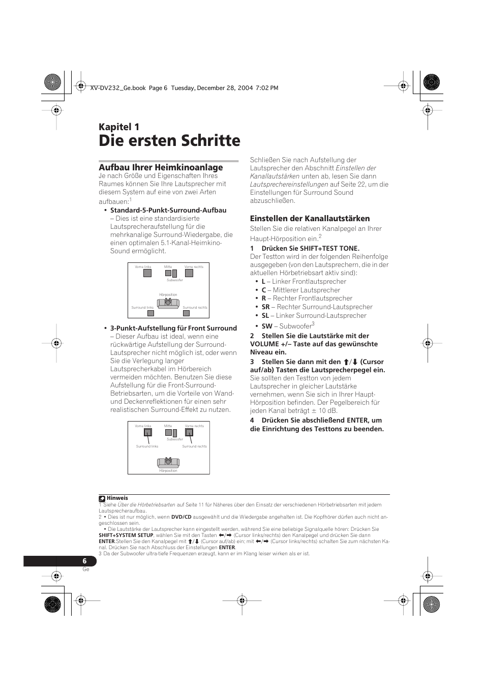 01 die ersten schritte, Aufbau ihrer heimkinoanlage, Einstellen der kanallautstärken | Die ersten schritte, Kapitel 1 | Pioneer DCS-240 User Manual | Page 84 / 120