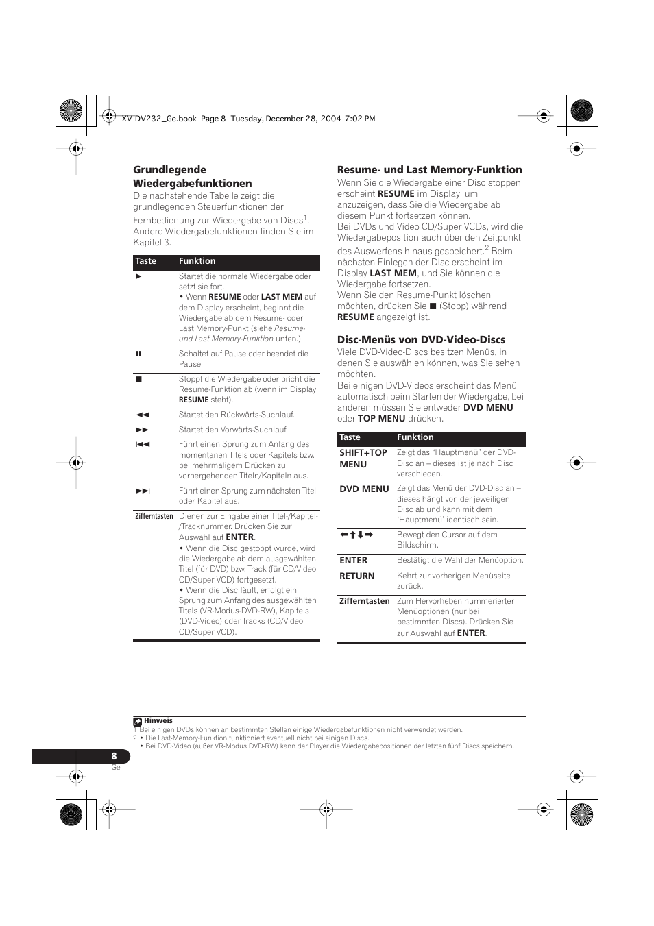 Grundlegende wiedergabefunktionen, Resume- und last memory-funktion, Disc-menüs von dvd-video-discs | Pioneer DCS-240 User Manual | Page 86 / 120