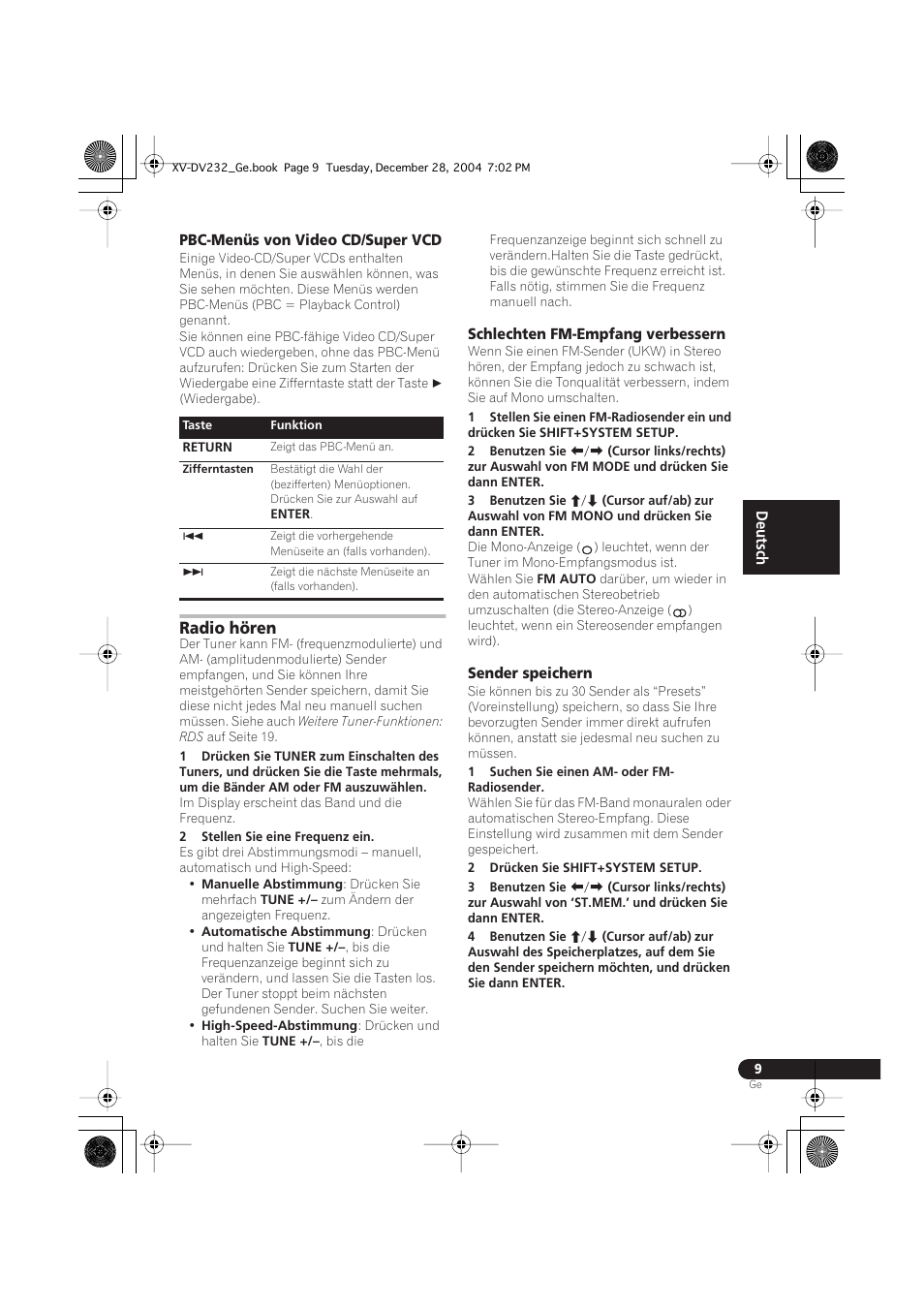 Pbc-menüs von video cd/super vcd, Radio hören, Schlechten fm-empfang verbessern | Sender speichern | Pioneer DCS-240 User Manual | Page 87 / 120