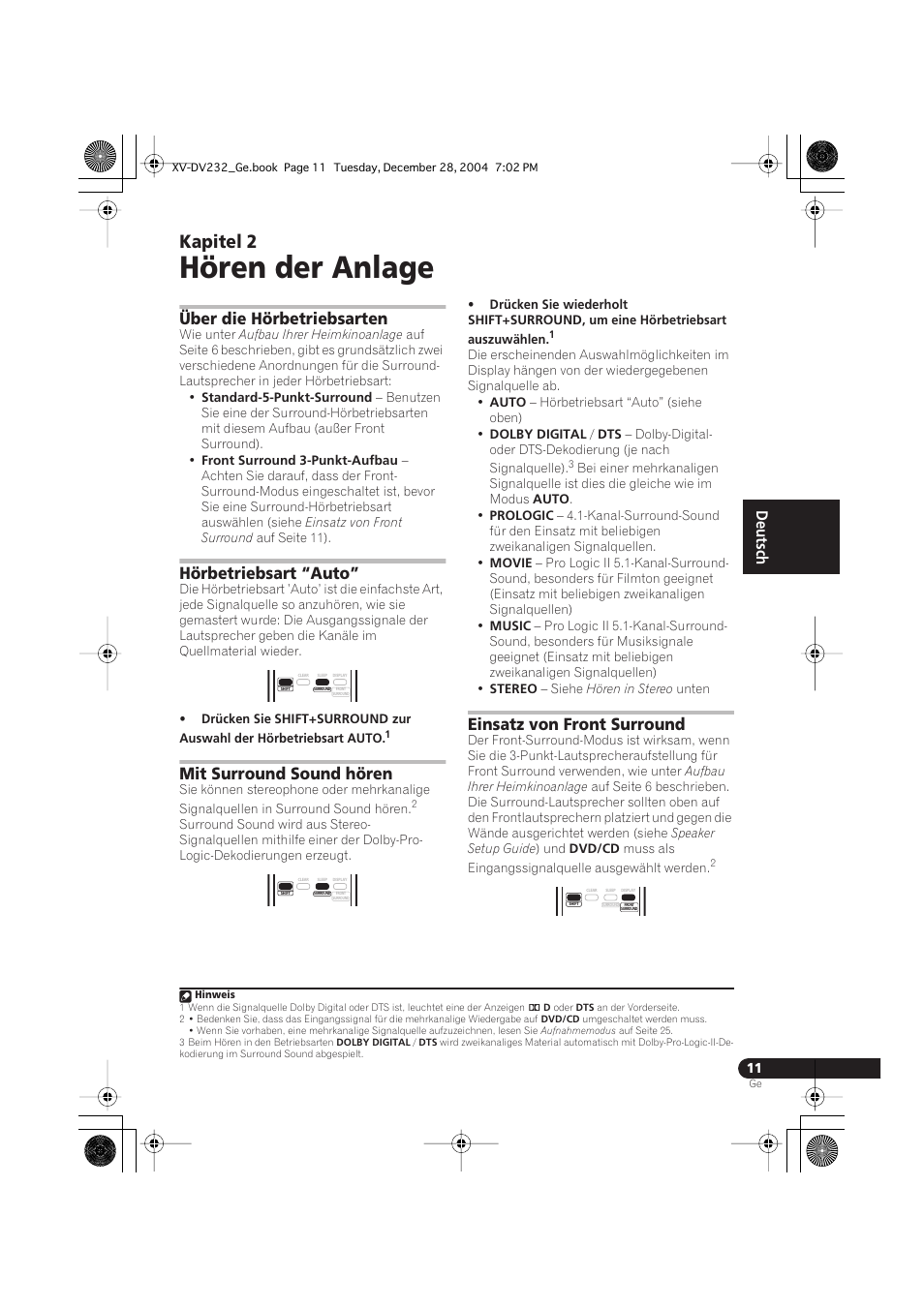 02 hören der anlage, Über die hörbetriebsarten, Hörbetriebsart “auto | Mit surround sound hören, Einsatz von front surround, Hören der anlage, Kapitel 2, English français deutsch | Pioneer DCS-240 User Manual | Page 89 / 120