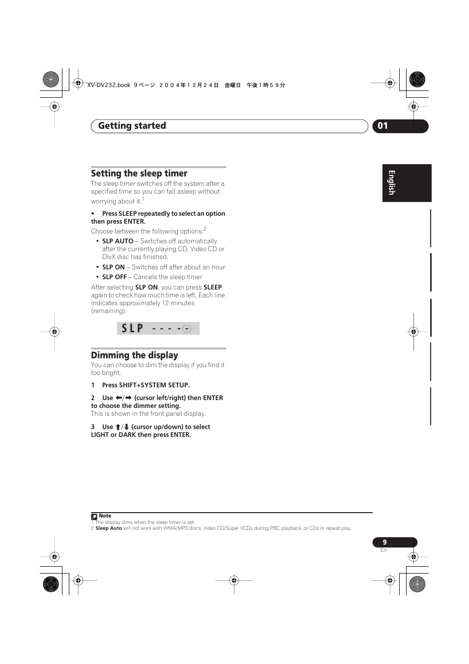 Setting the sleep timer, Dimming the display, S l p | Getting started 01 | Pioneer DCS-240 User Manual | Page 9 / 120