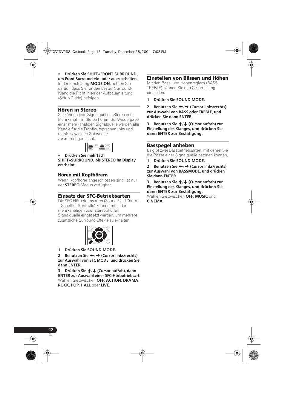 Hören in stereo, Hören mit kopfhörern, Einsatz der sfc-betriebsarten | Einstellen von bässen und höhen, Basspegel anheben | Pioneer DCS-240 User Manual | Page 90 / 120