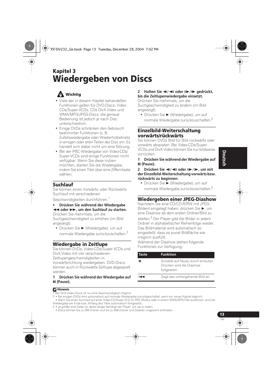 03 wiedergeben von discs, Suchlauf, Wiedergabe in zeitlupe | Einzelbild-weiterschaltung vorwärts/ rückwärts, Wiedergeben einer jpeg-diashow, Wiedergeben von discs, Kapitel 3, Einzelbild-weiterschaltung vorwärts/rückwärts | Pioneer DCS-240 User Manual | Page 91 / 120