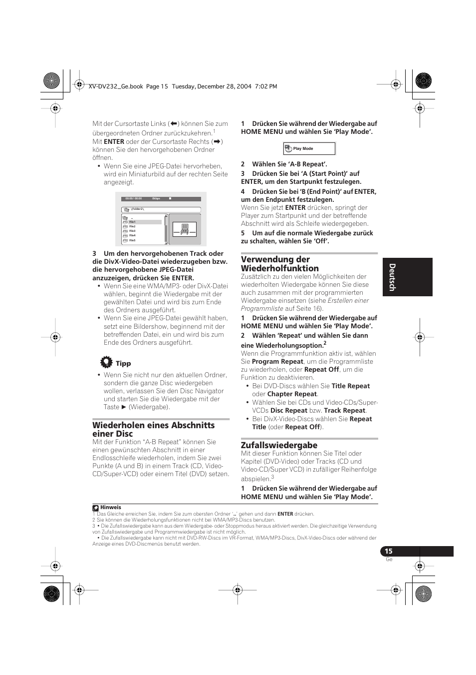 Wiederholen eines abschnitts einer disc, Verwendung der wiederholfunktion, Zufallswiedergabe | Pioneer DCS-240 User Manual | Page 93 / 120