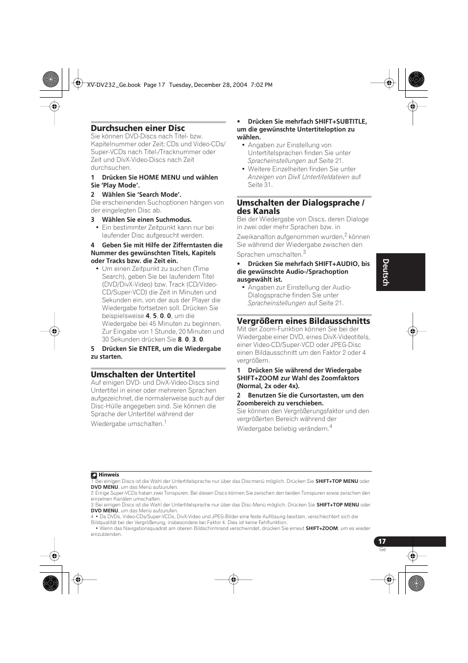 Durchsuchen einer disc, Umschalten der untertitel, Umschalten der dialogsprache / des kanals | Vergrößern eines bildausschnitts | Pioneer DCS-240 User Manual | Page 95 / 120