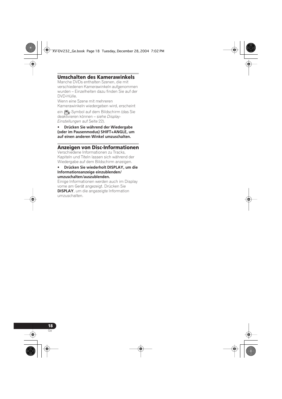 Umschalten des kamerawinkels, Anzeigen von disc-informationen | Pioneer DCS-240 User Manual | Page 96 / 120