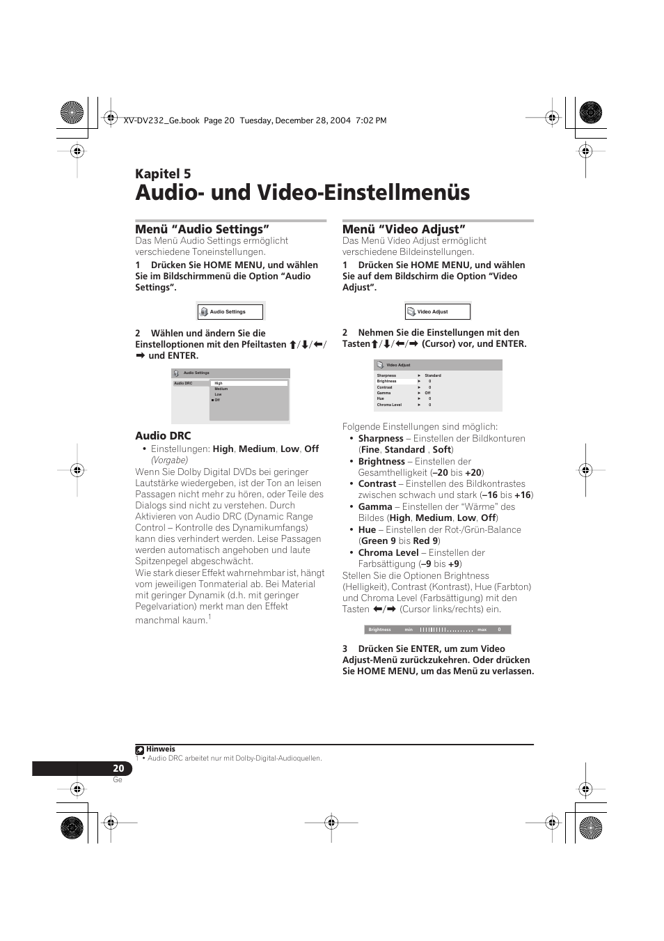 05 audio- und video-einstellmenüs, Menü “audio settings, Audio drc | Menü “video adjust, Audio- und video-einstellmenüs, Kapitel 5 | Pioneer DCS-240 User Manual | Page 98 / 120