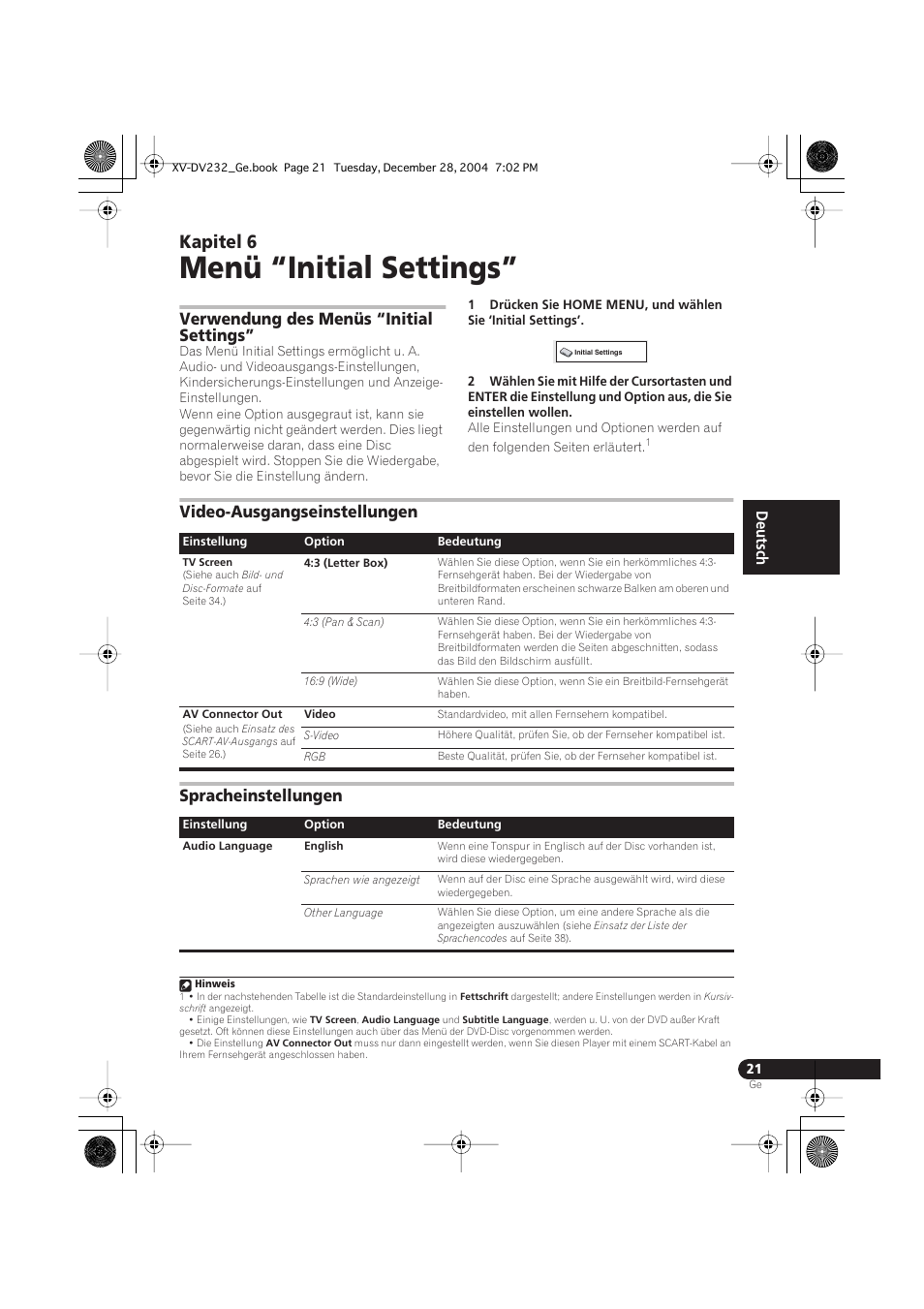 06 menü “initial settings, Verwendung des menüs “initial settings, Video-ausgangseinstellungen | Spracheinstellungen, Menü “initial settings, Kapitel 6, English français deutsch | Pioneer DCS-240 User Manual | Page 99 / 120