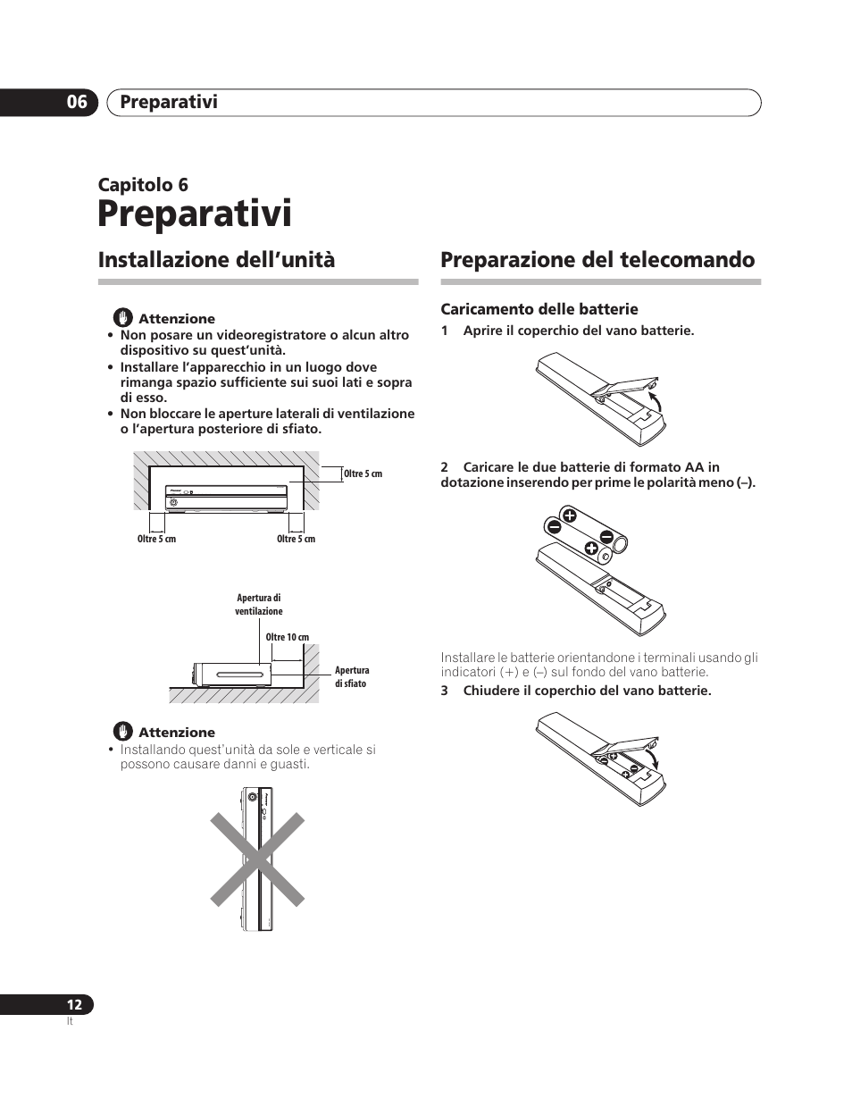 06 preparativi, Installazione dell’unità, Preparazione del telecomando | Preparativi, Preparativi 06, Capitolo 6 | Pioneer PDA-V100HD User Manual | Page 102 / 212