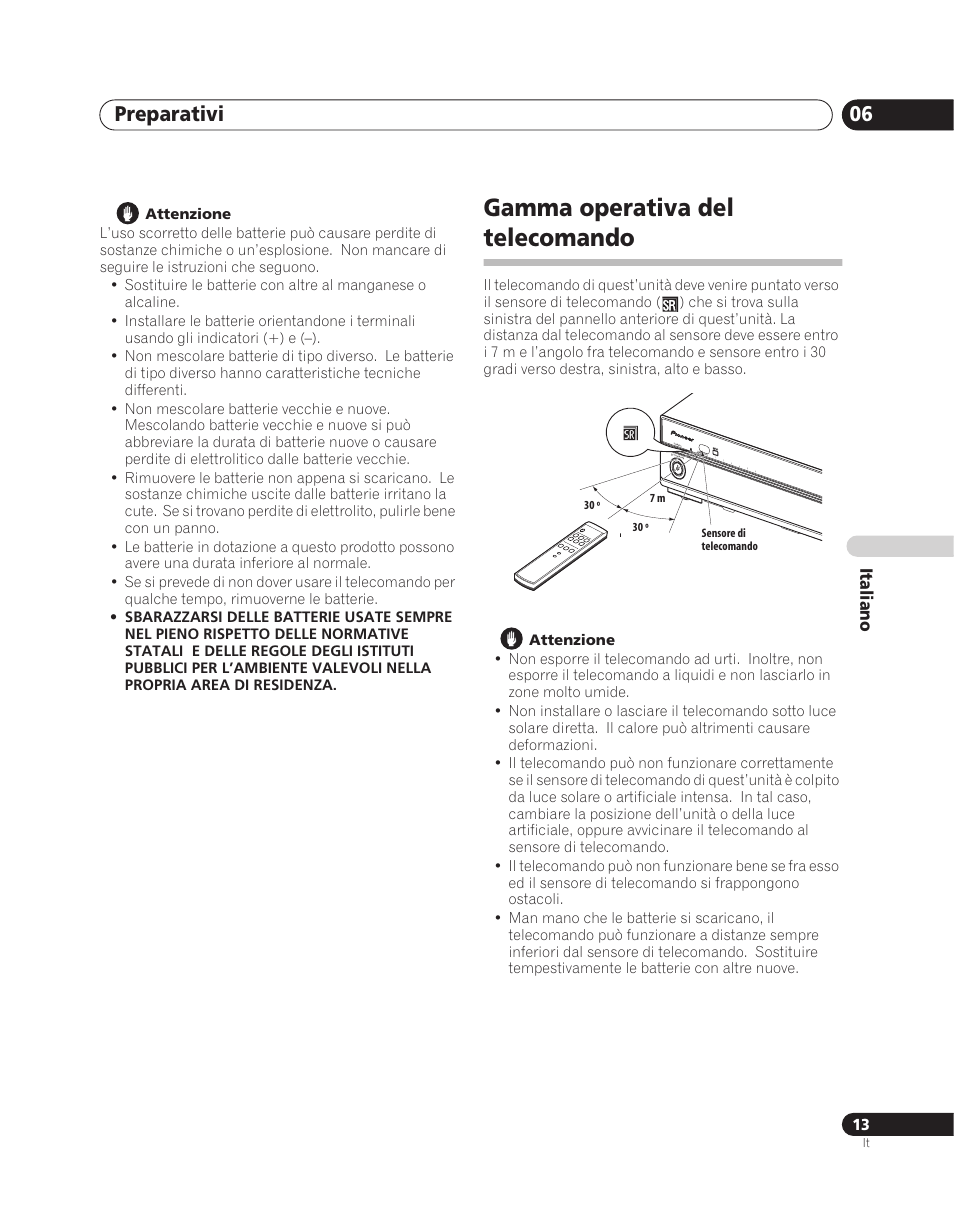 Gamma operativa del telecomando, Preparativi 06, Italiano | Pioneer PDA-V100HD User Manual | Page 103 / 212