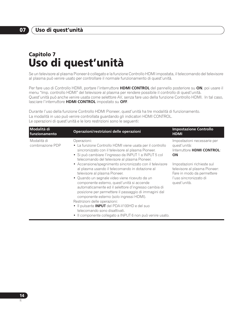 07 uso di quest’unità, Uso di quest’unità, Uso di quest’unità 07 | Capitolo 7 | Pioneer PDA-V100HD User Manual | Page 104 / 212