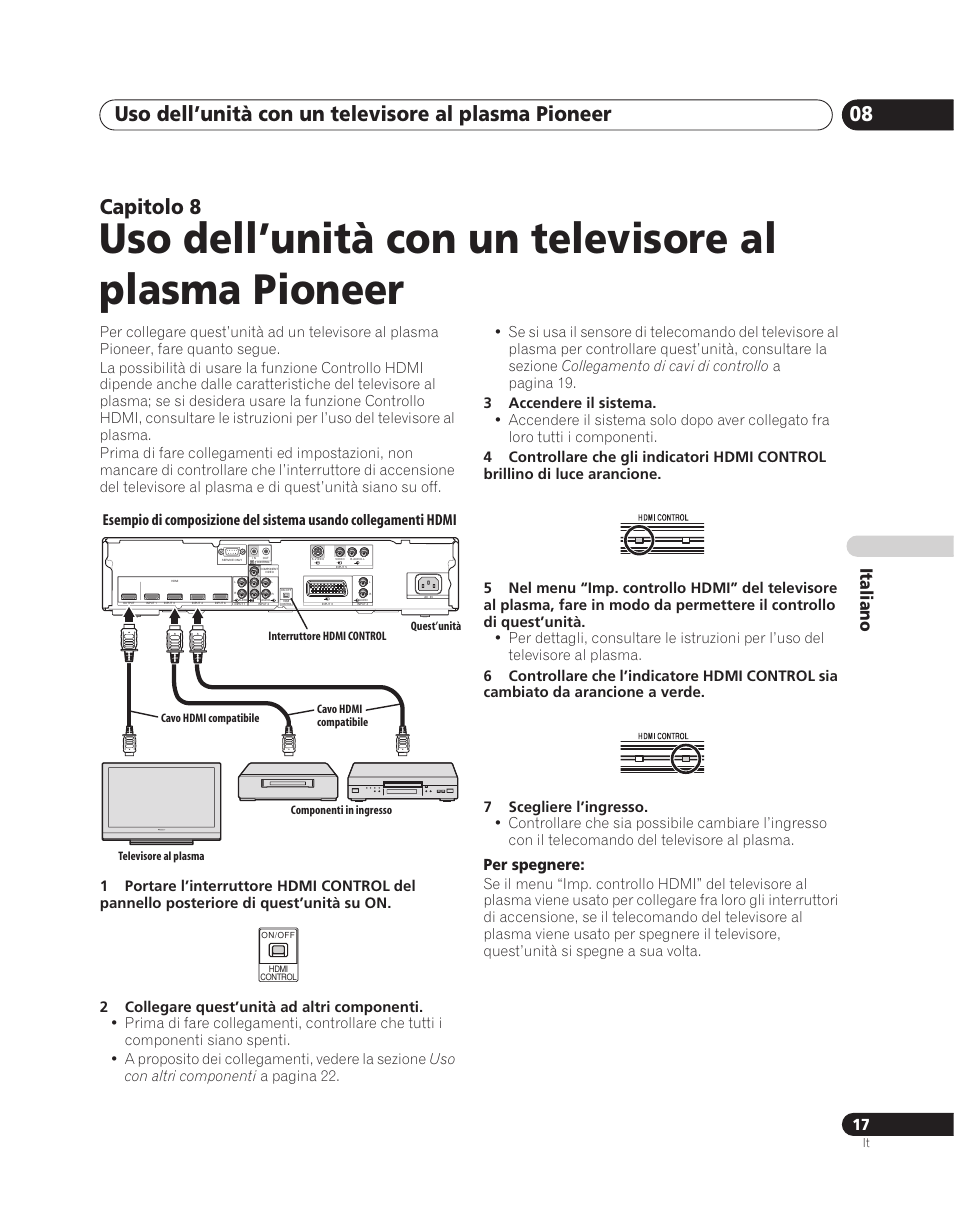 Uso dell’unità con un televisore al plasma pioneer, Capitolo 8, Italiano | Pioneer PDA-V100HD User Manual | Page 107 / 212