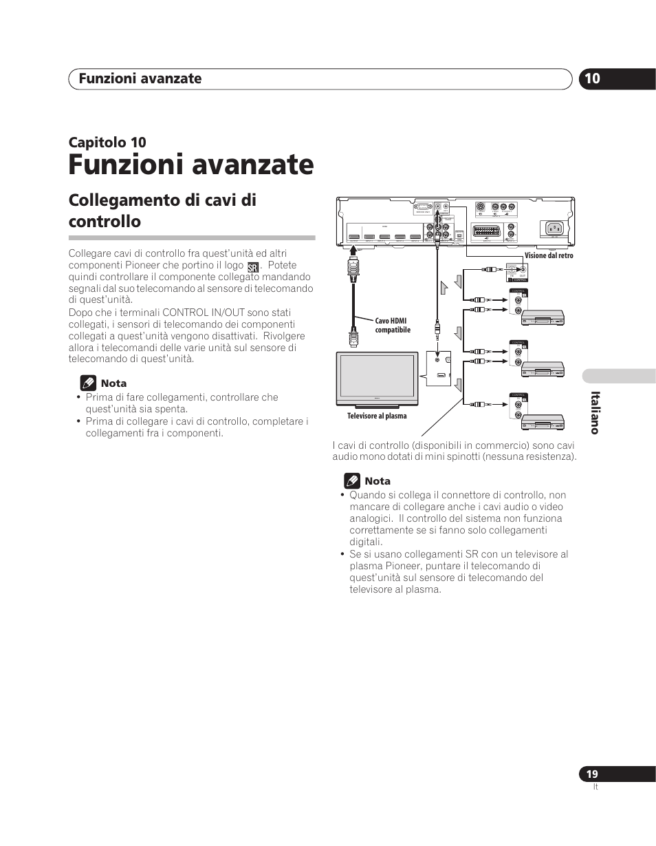 10 funzioni avanzate, Collegamento di cavi di controllo, Funzioni avanzate | Funzioni avanzate 10, Capitolo 10, Italiano | Pioneer PDA-V100HD User Manual | Page 109 / 212