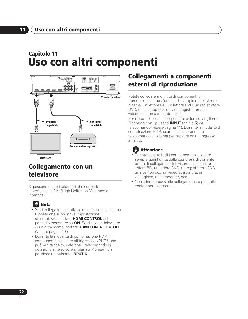 11 uso con altri componenti, Collegamento con un televisore, Collegamenti a componenti esterni di riproduzione | Uso con altri componenti, Uso con altri componenti 11, Capitolo 11 | Pioneer PDA-V100HD User Manual | Page 112 / 212