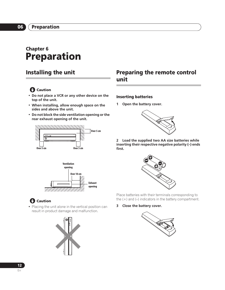 06 preparation, Installing the unit, Preparing the remote control unit | Preparation, Preparation 06, Chapter 6 | Pioneer PDA-V100HD User Manual | Page 12 / 212