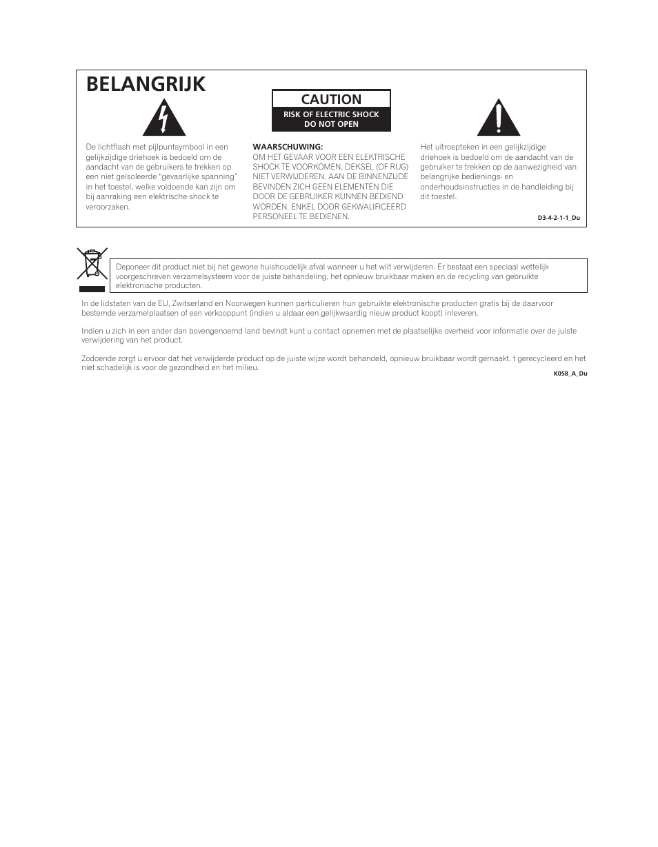 Belangrijk, Caution | Pioneer PDA-V100HD User Manual | Page 122 / 212