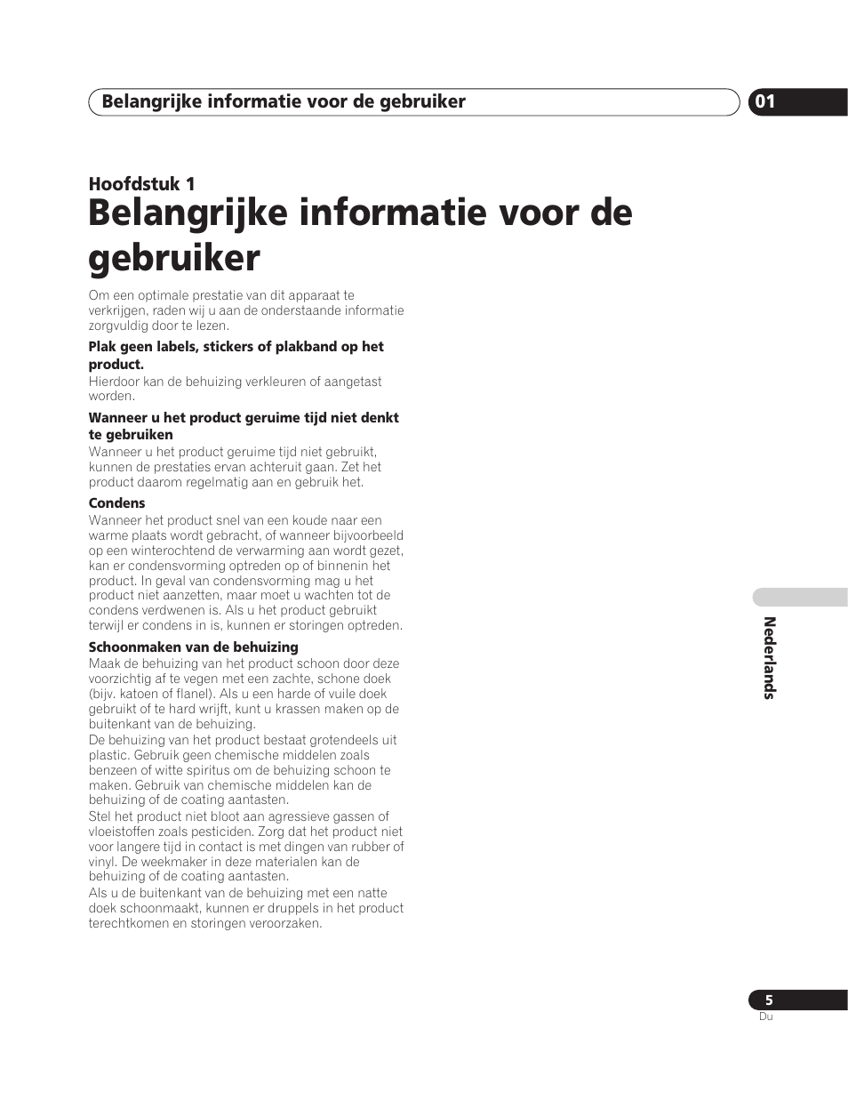 Belangrijke informatie voor de gebruiker, Belangrijke informatie voor de gebruiker 01, Hoofdstuk 1 | Pioneer PDA-V100HD User Manual | Page 125 / 212