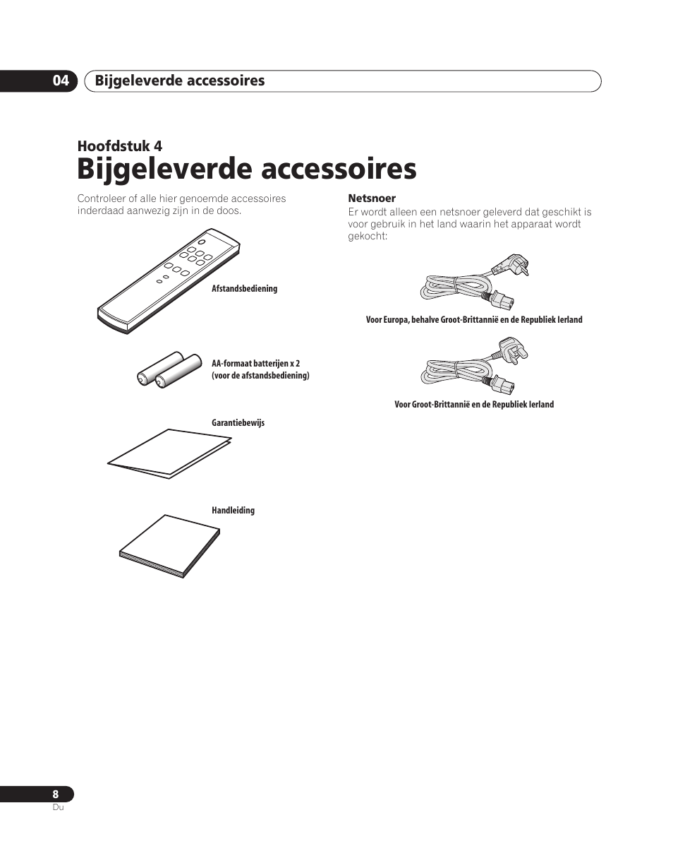 04 bijgeleverde accessoires, Bijgeleverde accessoires | Pioneer PDA-V100HD User Manual | Page 128 / 212