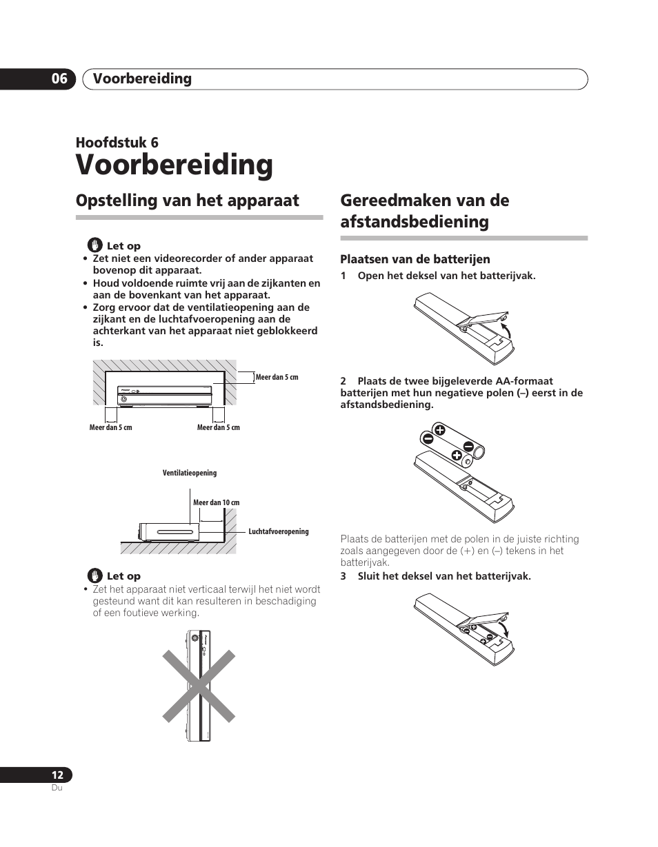 06 voorbereiding, Opstelling van het apparaat, Gereedmaken van de afstandsbediening | Voorbereiding, Voorbereiding 06, Hoofdstuk 6 | Pioneer PDA-V100HD User Manual | Page 132 / 212