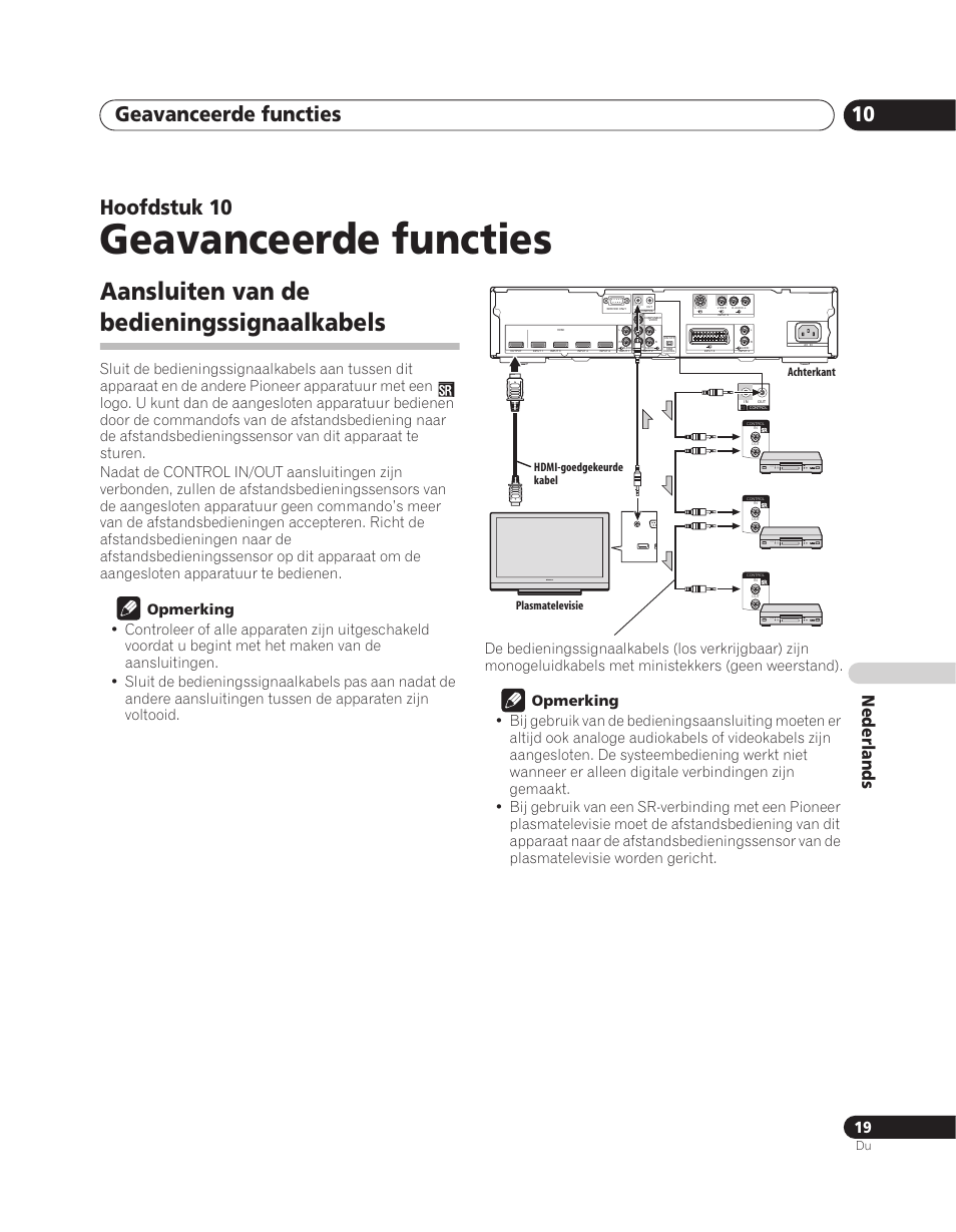 10 geavanceerde functies, Aansluiten van de bedieningssignaalkabels, Geavanceerde functies | Geavanceerde functies 10, Hoofdstuk 10, Nederlands, Hdmi-goedgekeurde kabel plasmatelevisie achterkant | Pioneer PDA-V100HD User Manual | Page 139 / 212