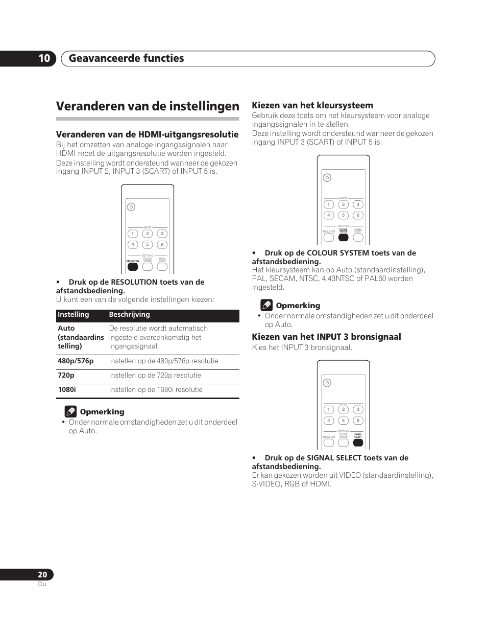 Veranderen van de instellingen, Geavanceerde functies 10, Veranderen van de hdmi-uitgangsresolutie | Kiezen van het kleursysteem, Kiezen van het input 3 bronsignaal | Pioneer PDA-V100HD User Manual | Page 140 / 212