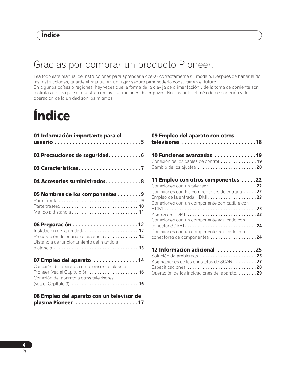 Gracias por comprar un producto pioneer, Índice | Pioneer PDA-V100HD User Manual | Page 154 / 212