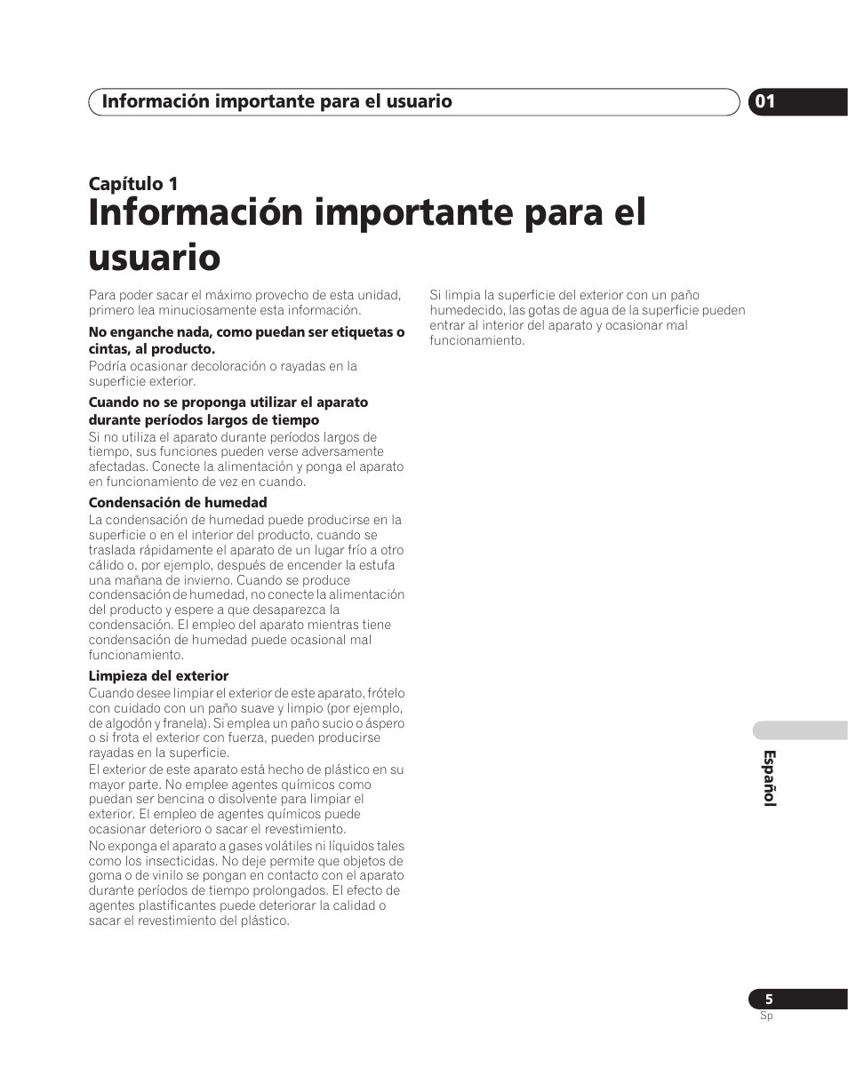 Información importante para el usuario, Información importante para el usuario 01, Capítulo 1 | Pioneer PDA-V100HD User Manual | Page 155 / 212