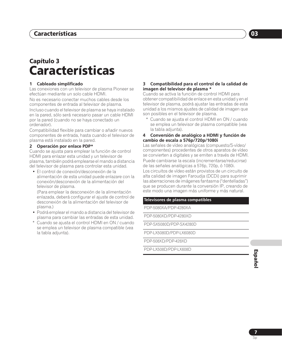 03 características, Características, Características 03 | Capítulo 3 | Pioneer PDA-V100HD User Manual | Page 157 / 212