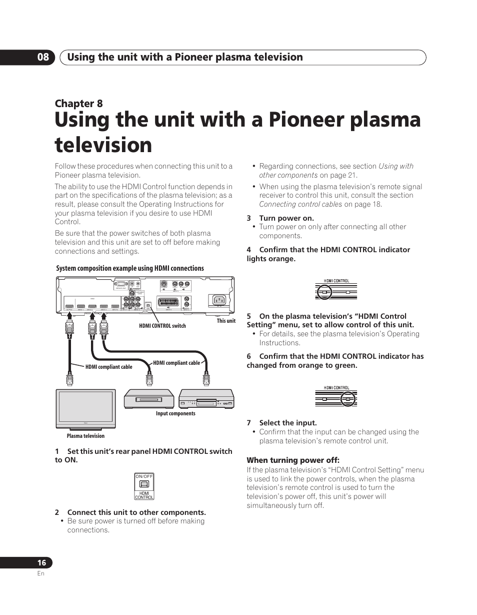 08 using the unit with a pioneer plasma television, Using the unit with a pioneer plasma television, Using the unit with a pioneer plasma television 08 | Chapter 8, System composition example using hdmi connections | Pioneer PDA-V100HD User Manual | Page 16 / 212