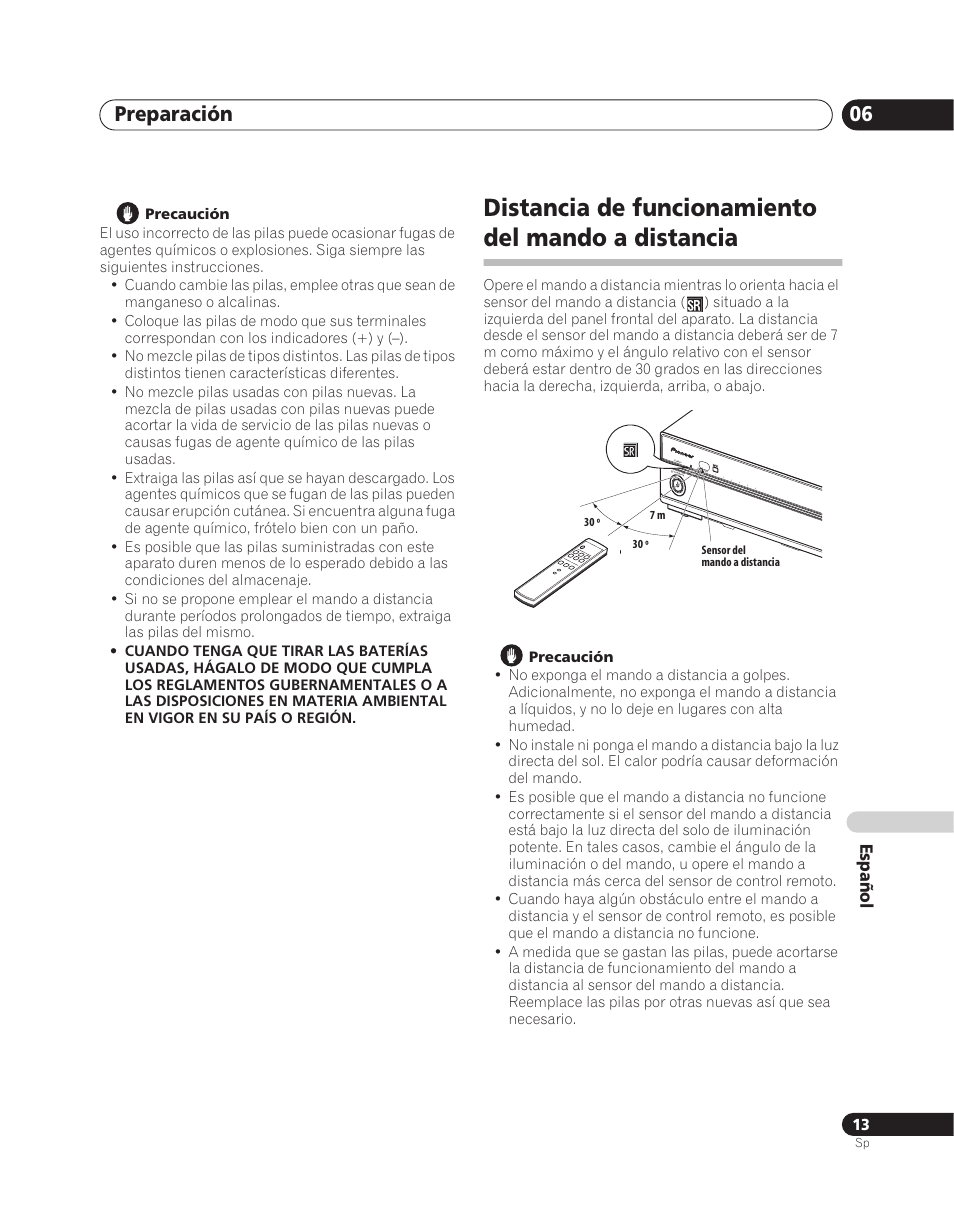 Distancia de funcionamiento del mando a distancia, Preparación 06, Español | Pioneer PDA-V100HD User Manual | Page 163 / 212