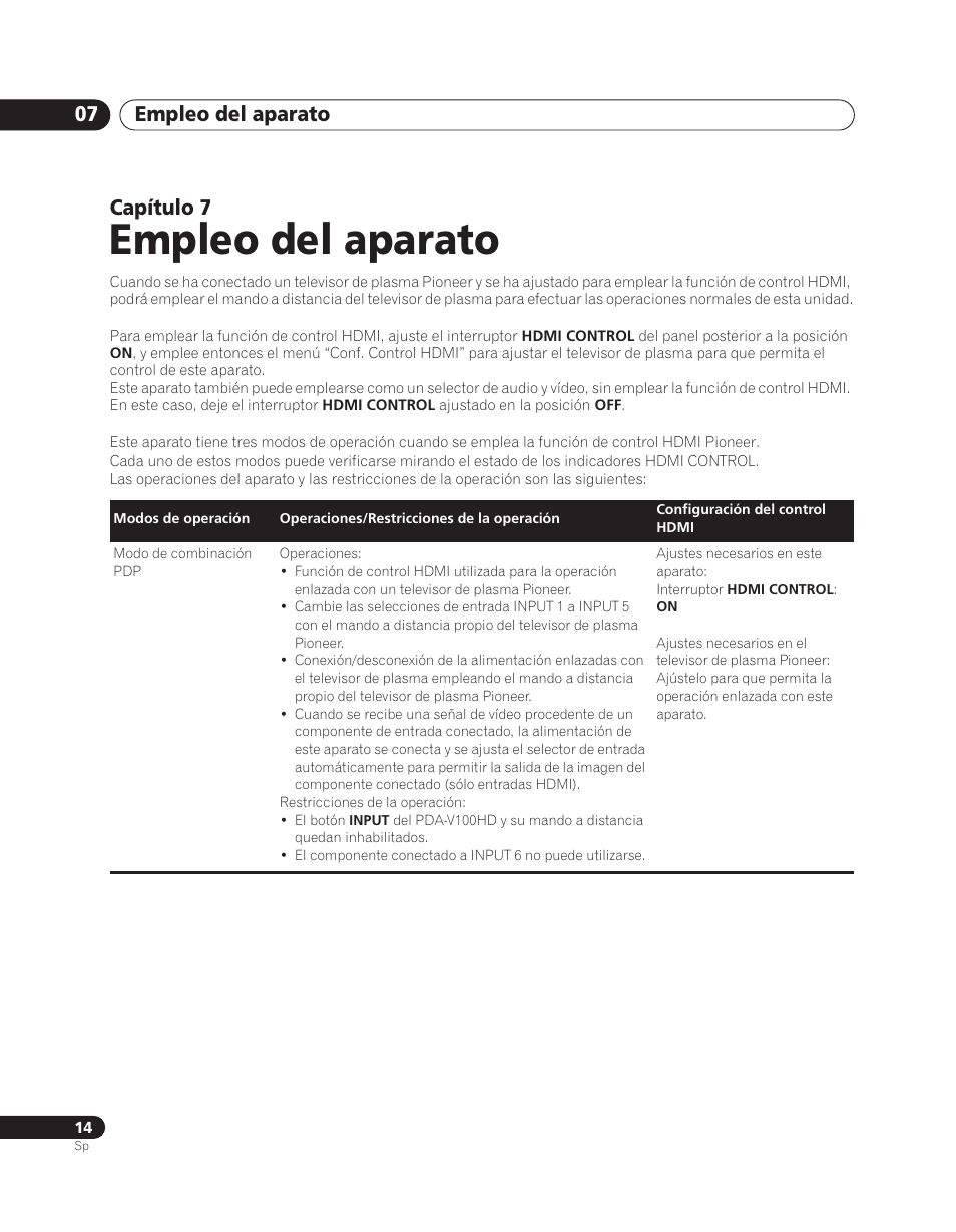 07 empleo del aparato, Empleo del aparato, Empleo del aparato 07 | Capítulo 7 | Pioneer PDA-V100HD User Manual | Page 164 / 212