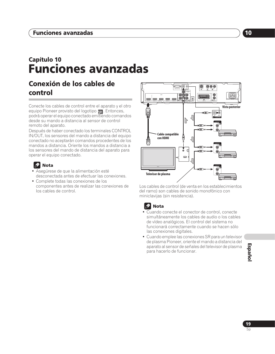 10 funciones avanzadas, Conexión de los cables de control, Funciones avanzadas | Funciones avanzadas 10, Capítulo 10, Español | Pioneer PDA-V100HD User Manual | Page 169 / 212